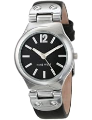 Nine West Womens NW/1383BKBK Silver-Tone Black Strap Watch