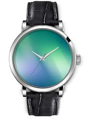 SPRAWL Aanalog Fashion Series Silver Ladies Watches of Genuine Black Leather Strap,Unique Wrist Watch for Women Girls Designed with greenish Bars