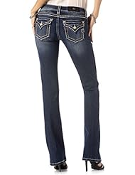 Apparel: Miss Me Jeans Womens Dark Wash Hitch a Ride Boot Cut Whipstitch Extended Sizes (34)