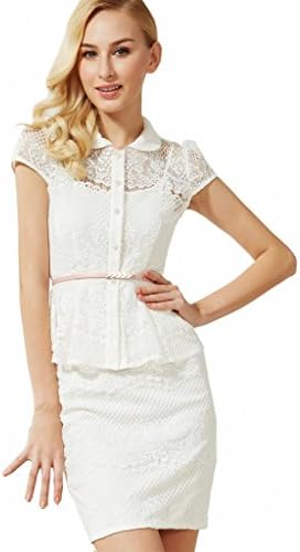 OSA Women Vintage Slim Fit White Lace Tunic Shirt Bodycon Dress Suit Lace Tops Skirts Size XL White