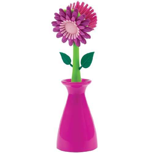 Boston Warehouse Flower Kitchen Brush with Holder, Pink