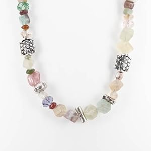 Fluorite, Tourmaline, and Swarovski Crystal Gemstone Beaded Necklace with Sterling Silver Accent Beads, 17" Length, #7533