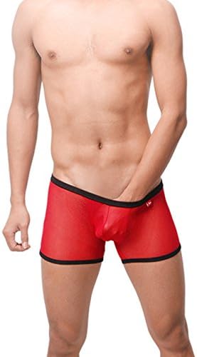 Dong Dian Men's See Through Mesh Boxer Briefs Underwear Sports Shorts Red L