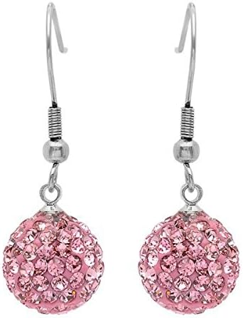 Pink 10mm Crystals Disco Ball Hook Dangle Drop Earrings 925 Sterling Silver