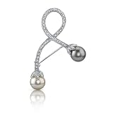 Glamour and Bliss: Sterling Silver White CZ Diamond Gray/White Faux Pearl Brooch