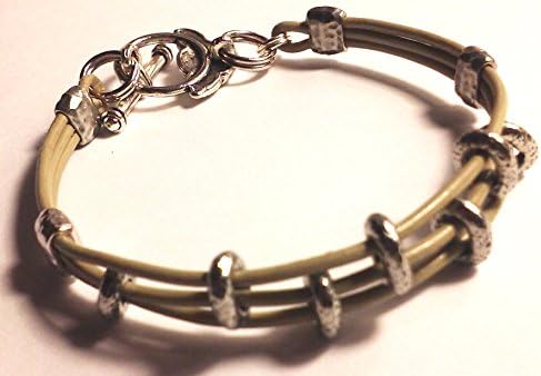 Women's Single Wrap Triad Gray Leather Bracelet with Antique Silver Pewter Crimps and Sliders and Toggle Closure. Measures approximately 7 1/4'