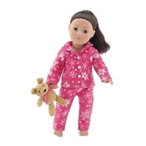 18 Inch Doll Clothes |Cozy Bright Pink and White Snowflake Print 2 Piece Classic Pajama Outfit with Teddy Bear | Fits American Girl Dolls
