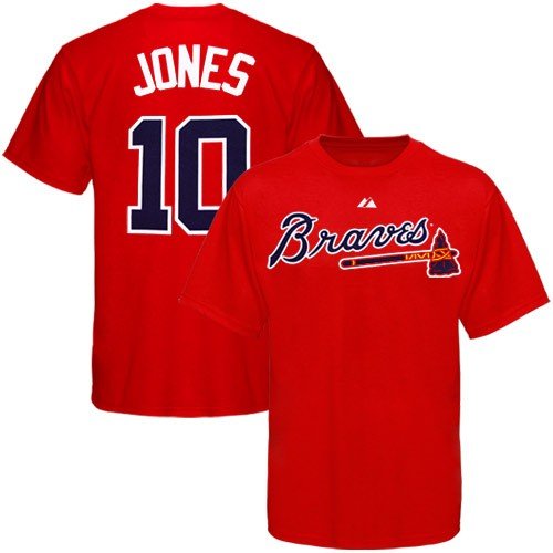 Majestic Atlanta Braves #10 Chipper Jones Youth Red Player T-shirt (Large)