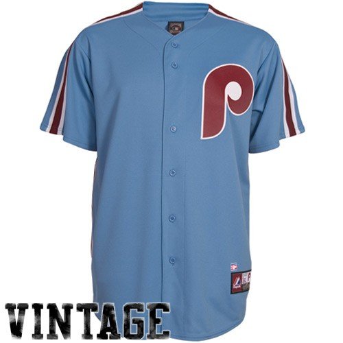 MLB Men's Philadelphia Phillies 1980 Cooperstown Short Sleeve Synthetic Replica Baseball Jersey (Columbia Blue, Large)