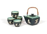 5-pc Japanese Tea Set  Green and Charcoal Black with Beige Japanese Characters