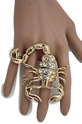 TFJ Women Slave Ring Fashion Jewelry Metal Long Scorpion Elastic Band 2 Fingers Gold