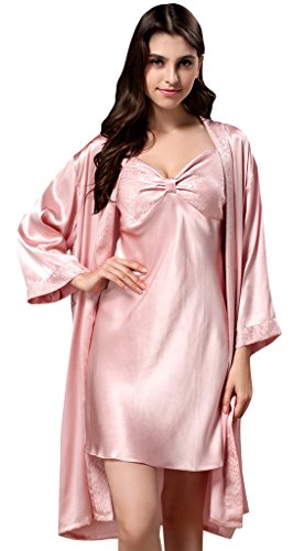 （ホンタ)HONTA　レディース秋新着　高品質100%シルクのやわらか素材加工ルームウェア　バストで可愛いの蝶結びデザインのレディースガウン　裏地とコート　優雅さとの無地ドレスパジャマ