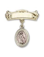 Gold Filled Baby Badge with Pink Miraculous Charm and Arched Polished Badge Pin