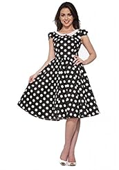 Cotton Cap Sleeves Vintage Fitted Flared-Skirt Polka Dot Print  Dress