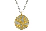 14K Two-Tone Matte Medallion Pendant, Set with a White Gold Back Finding, and a Yellow Gold Leaf Design Plate, Sliding on a 16'' Open-link Chain.