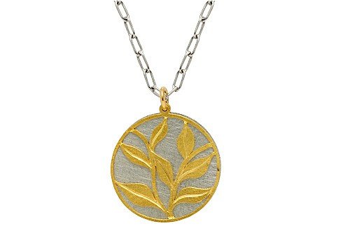 14K Two-Tone Matte Medallion Pendant, Set with a White Gold Back Finding, and a Yellow Gold Leaf Design Plate, Sliding on a 16'' Open-link Chain.