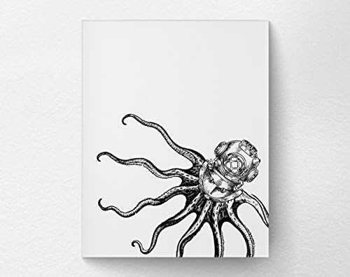 Octodiver Octopus Scuba Wall Art Print Poster, Nautical Home Decor, Beach Art