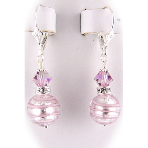 Pink Murano Italian Glass Swarovski Crystal Sterling Silver Leverback Earrings