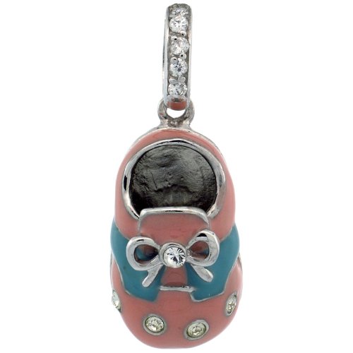 Sterling Silver Pink & Blue Enamel Baby Shoe Pendant w/ CZ Stones, 7/8 in. (23mm) tall