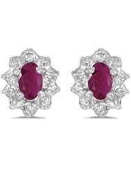 10k White Gold Oval Ruby And Diamond Earrings