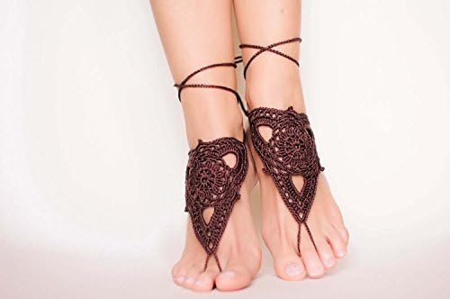 Tan Flower Cotton Crochet Barefoot Sandal,One Size