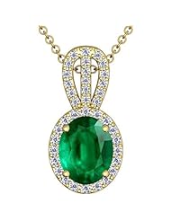 18K Yellow Gold Oval Cut Emerald And Round Diamond Pendant