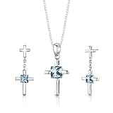 Sterling Silver Cross Design 2.75 carats total weight Princess Cut Swiss Blue Topaz Pendant Earrings and 18 inch Necklace Set
