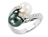 Black and White Cultured Pearl and Diamond Ring 1/8 Carat (ctw) in 14K White Gold