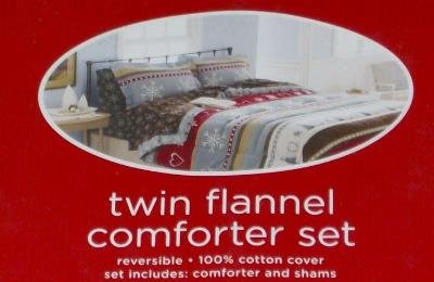 Twin Bed Holiday Flannel Comforter Setwith Sham Snowflakes Hearts Trees