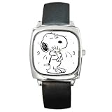 Square Metal Watch of Vintage Art Deco Snoopy with Woodstock B&W