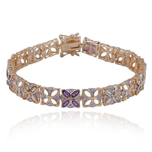 18k Yellow Gold Plated Sterling Silver Multi-Gemstone and Diamond Flower... by