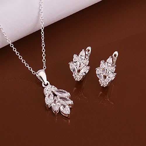 CY-Buity Delicate White Zircon Leaf Shape Necklace Ear Stud 925 Silver Plated Jewelry Set Nice Gift for Girls