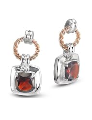 Square Shaped Rhodium Plated Silver Pendant With A Cushion Cut Natural Garnet Stone And A Pink Gold Plated Silver Rope Accent