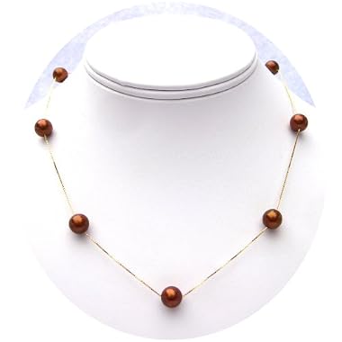 HinsonGayle Premium Round Chocolate 8.0-8.5mm Cultured Pearl Tin Cup Necklace (18K Yellow Gold)