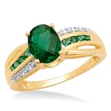 10k Yellow Gold Checkerboard Oval and Round Created Emerald Diamond Ring (0.02 cttw, J-K Color, I2-I3 Clarity)
