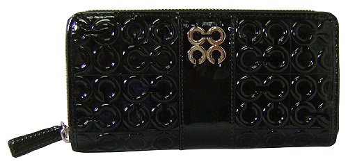 COACH RAISED SIGNATURE BLACK PATENT LEATHER ACCORDION ZIP WALLET 43984