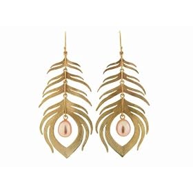 Long Peacock Feather Earrings in 10 Karat Gold by Annette Ferdinandsen