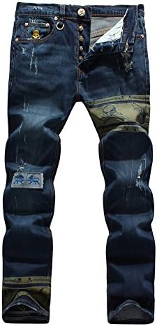 Mens Hiphop Skull Ripped Destroied Denim Jeans Slim Straight Trousers Blue