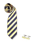 SILVIO SILVANI Pack Corbata A Rayas Azul Marino Y Amarillo + Gemelos Con Piedra Amarilla