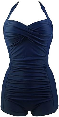 Shining Tower Women's Halter One Piece Boy-Leg Retro Ruched Monokinis Swimsuit Navy Tag S/US(2-4)