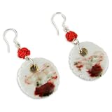Painted Maroon Accent With Fine Gold Detail - Cherry Red Knotted Pompom - Round White Hand Made Ceramic - 925 Silver Hook Earrings