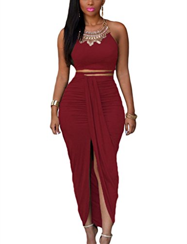 Dokotoo Womens Summer Sleeveless O-Neck Faux Suede Two Piece Maxi Skirt Set Large Date Red