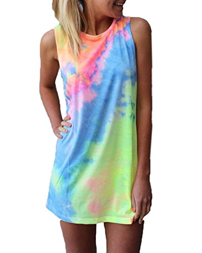 Women's Summer Sleeveless Tie-dye Round Neck Rainbow Long Top Mini Dress