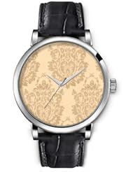 SPRAWL Aanalog Fashion Series Silver Ladies Watches of Genuine Black Leather Strap,Unique Wrist Watch for Women Girls Designed with Old gray flower on beige background