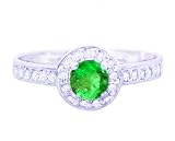 14K Yellow or White Gold Medium Round Gemstone and Diamond Engagement Ring-Emerald-full, half sizes from 5-8.5