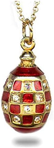 Gold Plated Austrian Crystal Red Checkerboard Enameled Russian Faberge Egg Pendant Necklace, 18"