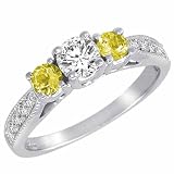 10K Gold Round 3 Stone Diamond and Lemon Quartz Ring With Milgrain Pave Set Shank (0.95 ctw)