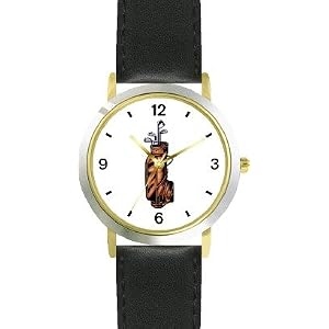 Golf Bag with Clubs - Golf Theme - WATCHBUDDY® DELUXE TWO-TONE THEME WATCH - Arabic Numbers - Black Leather Strap-Children's Size-Small ( Boy's Size & Girl's Size )
