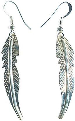 Unique Curved 2-inch Long Navajo Hanging Feather Earrings - Handcrafted Sterling Silver Indian Jewelry