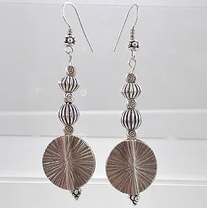 Long Disc Style Hills Tribe Silver and Bali Silver Dangle Earrings, #9534